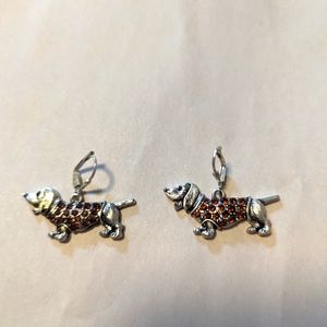 Vintage Dachshund Earrings with Amber Rhinestones - 1" wide